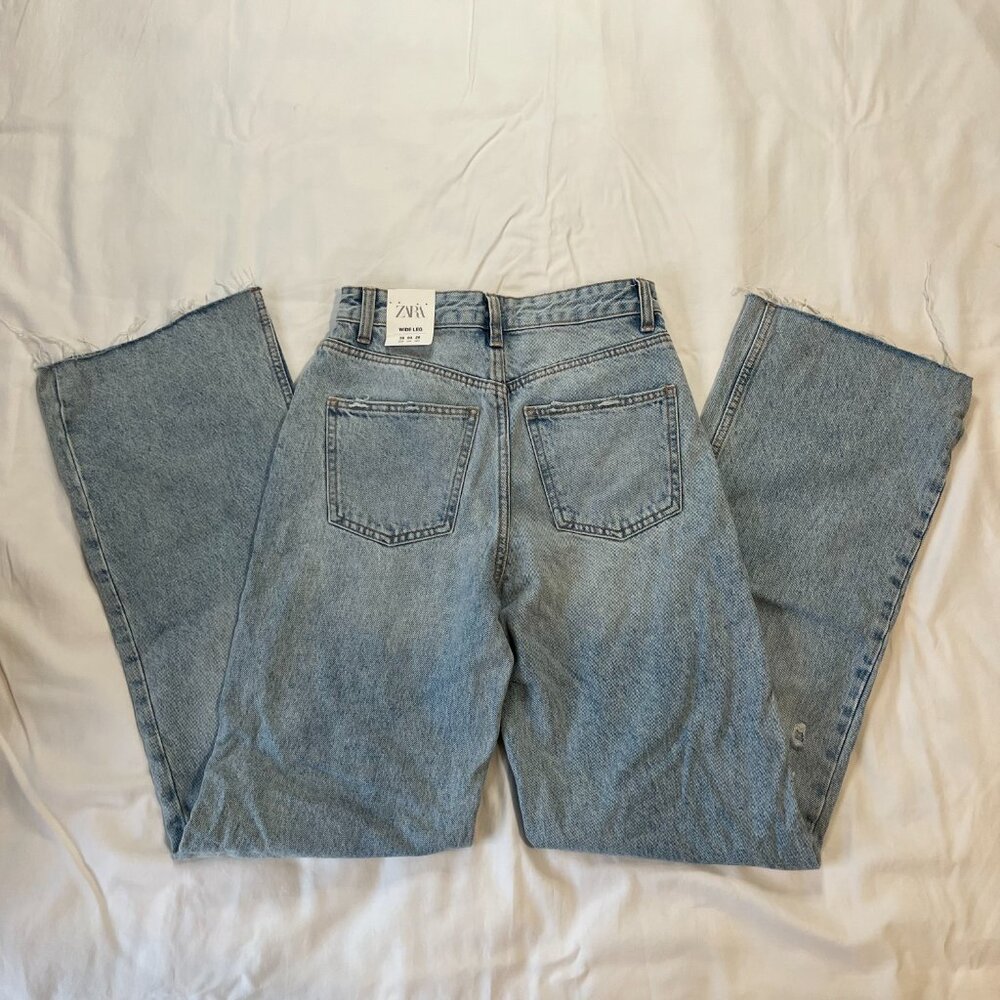 Zara Hi-Rise Cropped Wide Leg Distressed Light Wash Denim Jeans | Size 4 - Picture 7 of 10
